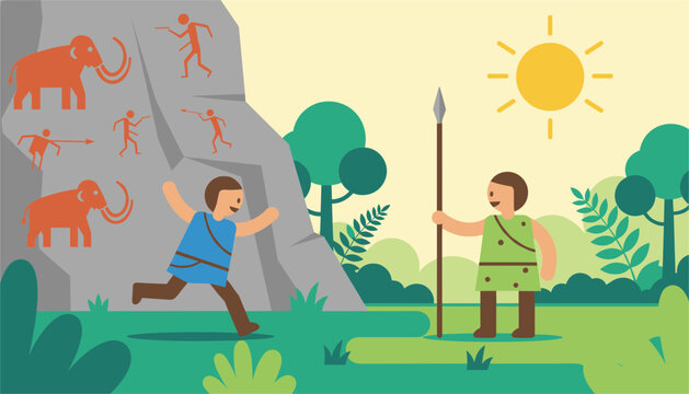 Prehistoric cave painting of mammoths and hunters is shown with two cavemen holding a spear in a lush green primitive landscape.