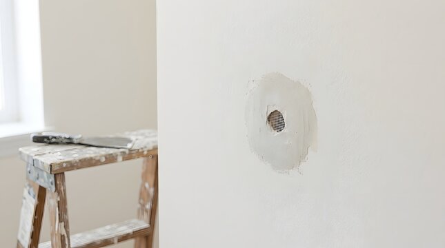 Drywall hole patch repair with mesh tape and spackle compound on white wall, home renovation maintenance project with putty knife and wooden stepladder in soft lighting setup.