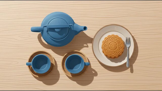 Mid-Autumn Festival mooncake with blue teapot and teacups on table top view