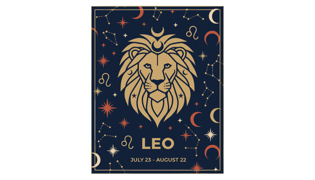 Leo zodiac sign illustration featuring a golden lion head surrounded by celestial stars and crescent moon phases on a navy background.