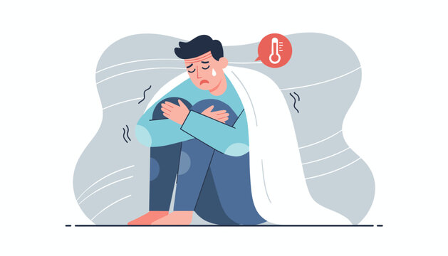Sick young man sitting wrapped in a white blanket shivering and feeling cold with high temperature icon in background.