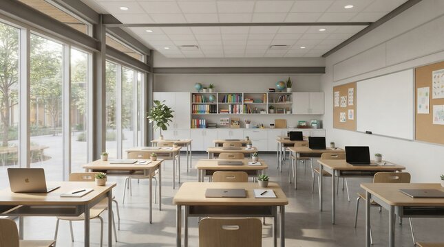 Modern classroom setup with desks laptops and natural light