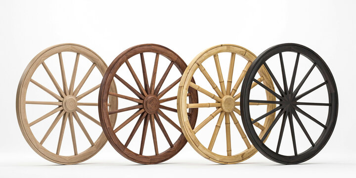 Four different wooden wagon wheels arranged in a row on a white background