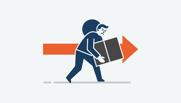 Cartoon illustration of a thief carrying a large box while walking in the opposite direction of a big orange arrow.