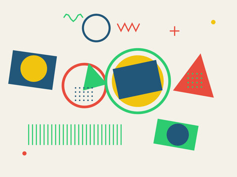 Memphis style geometric background, abstract colorful shapes vector, retro 90s pattern with circles and triangles