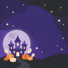 Fototapeta premium Haunted castle and cute ghosts with pumpkins under a full moon night sky