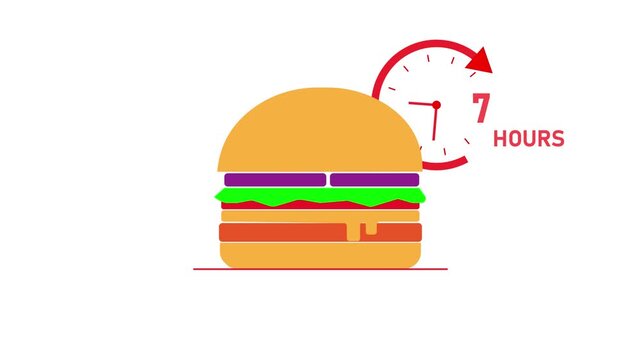 Fast food delivery time concept: animated burger with 7 hours countdown clock for restaurant services and online ordering apps