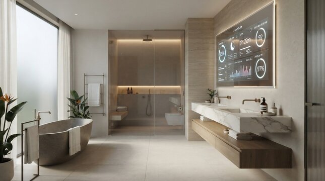 Modern smart bathroom interior with digital display and bathtub