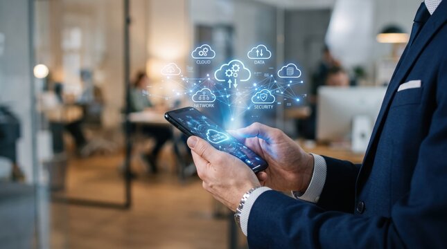 Businessman using smartphone with holographic cloud computing icons, data network and security system in modern office environment, digital transformation concept