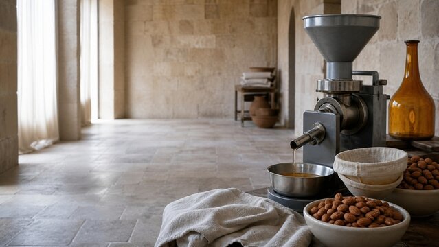 Traditional nut oil press machine, fresh golden oil dripping into metal bowl, raw almonds in ceramic bowls, rustic stone interior room