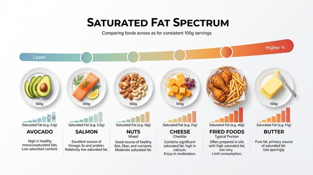 Infographic comparing saturated fat content in common foods per 100g serving from low to high levels