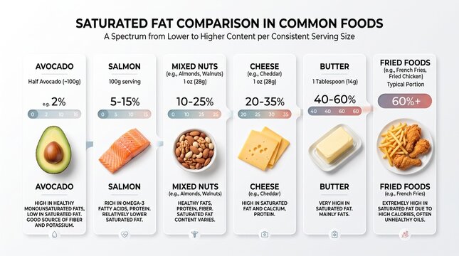 Comprehensive infographic chart displaying saturated fat comparison in common foods from lower to higher content levels per serving
