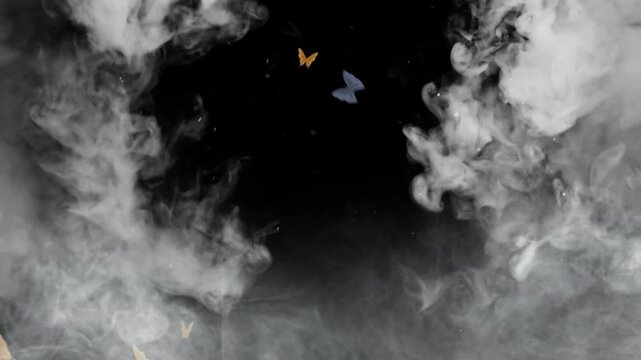 Smoke ring creates a framing effect around small flying butterflies on a dark background with copy space.