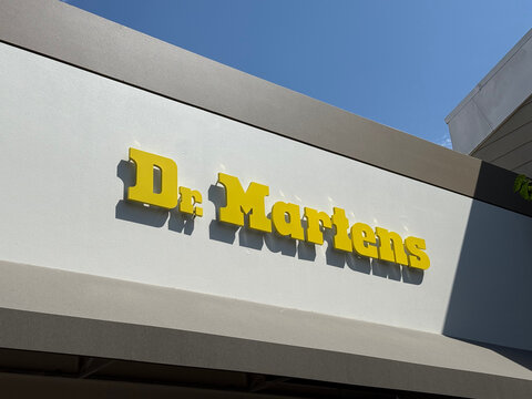 Dr. Martens store sign on a retail building beneath a clear blue sky - Livermore, California, USA - August 8, 2026