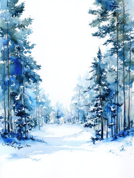 Watercolor painting of snowy pine forest in soft blue light
