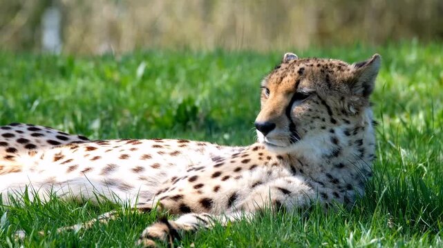 A cheetah lies peacefully in the green grass on a sunny day in this video