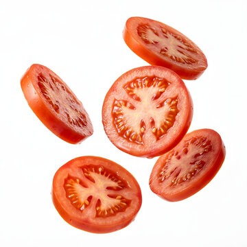 Sliced tomatoes floating in the air on a white background fresh produce
