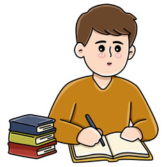 Cute boy student studying and writing at desk with books vector