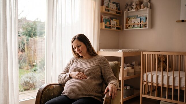 Pregnant woman sitting in armchair in a nursery room touching her belly
