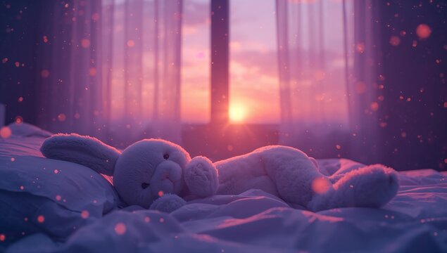 Generative AI captures a cozy bedroom scene with plush toys at sunset