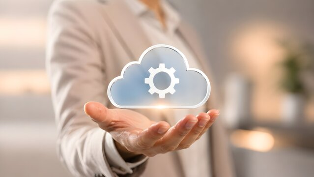 Business Person Presenting Glass Cloud Icon With Gear In Modern Office