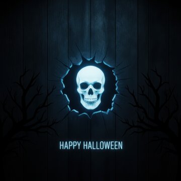 Glowing human skull with happy halloween text in a dark pixel art style frame