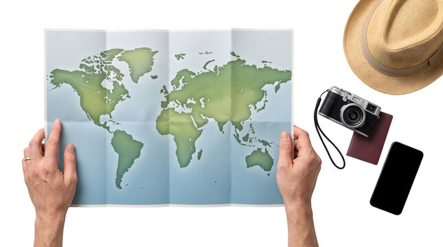 PNG person holding a world map with travel accessories isolated on transparent background