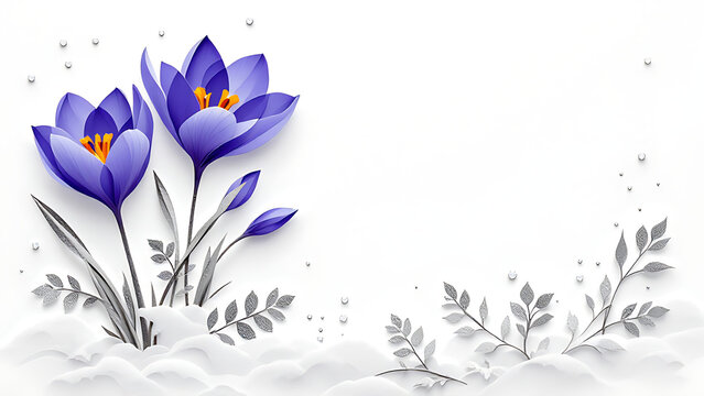 Violet crocus flowers with silver foliage blooming through snow on a white background