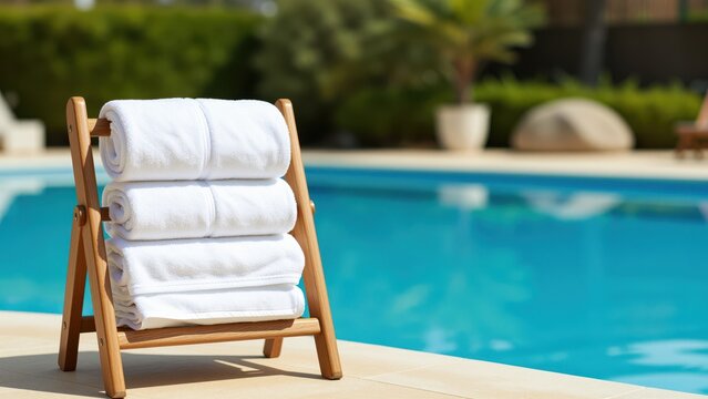 Poolside lounge chair with neatly stacked white towels overlooking a clean swimming pool in an outdoor setting with greenery and rocks