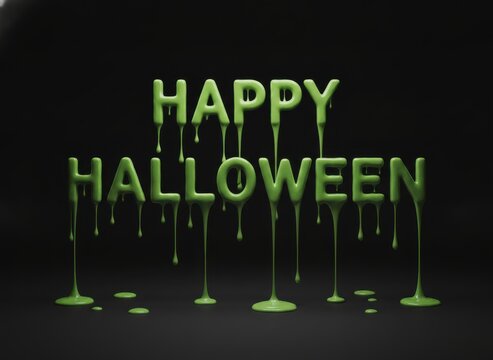 Happy halloween text with dripping green slime letters on a dark black background
