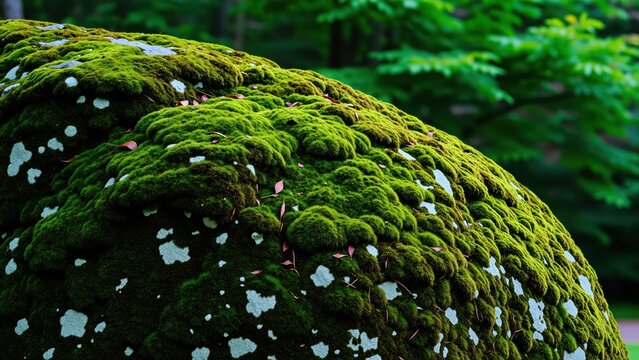 Close-up of a moss-covered rock in a lush green forest setting, showcasing vibrant textures and natural forest floor elements