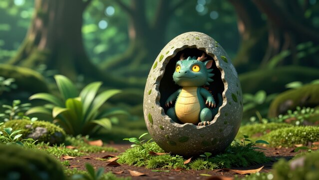 Cute baby dinosaur hatching from an eggshell in a lush green prehistoric forest scene, animated style, detailed and vibrant concept for children?s entertainment and educational mat