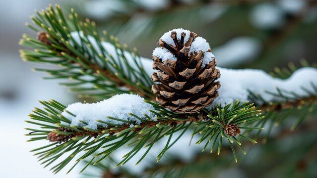 Close-up of a pine cone nestled among snow-covered pine needles on a winter tree branch, natural outdoor scene with festive seasonal connotations