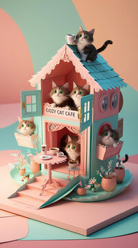 Cute 3D Cozy Cat Cafe Miniature House with Adorable Kittens