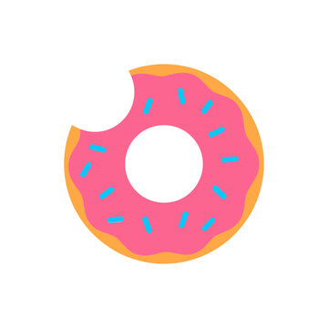 A sweet pink donut with colorful sprinkles and a bite taken out of it represented as a simple flat vector illustration for food and dessert concepts isolated on transparent background, Vector