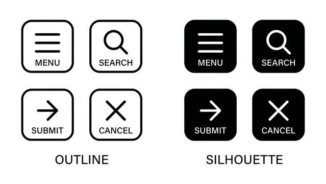 Menu Icons: Collection of essential UI icons including menu, search, submit, and cancel buttons, presented in both outline and silhouette styles for versatile application design.