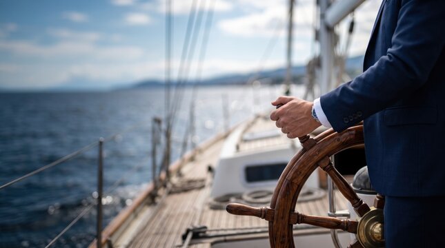 Close up of captain hands holding wooden steering wheel on sailboat deck, sailing yacht navigation at sea, luxury travel lifestyle, nautical transportation with ocean horizon view