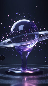 Futuristic Purple Ringed Planet in a Transparent Glass Sculpture