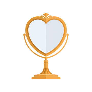 Elegant golden heart shaped table mirror with a decorative vintage frame for beauty and vanity decor isolated on transparent background, Vector