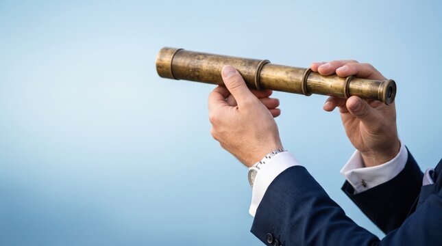 Hands holding vintage brass telescope against clear blue sky, symbolizing foresight, exploration, strategic vision and looking ahead to future opportunities in business
