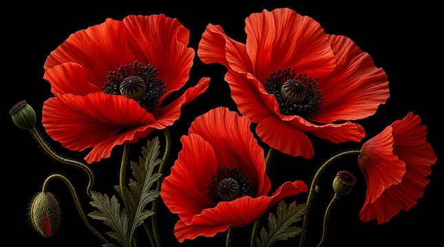 Vivid red poppy flowers and seed pods with detailed foliage on a black background
