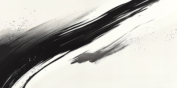 Japanese Zen ink brush stroke, black sumi-e calligraphy splash on white paper, minimalist abstract ink painting for artistic background