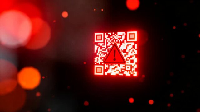 glowing qr code with red warning symbol and pulsing red light