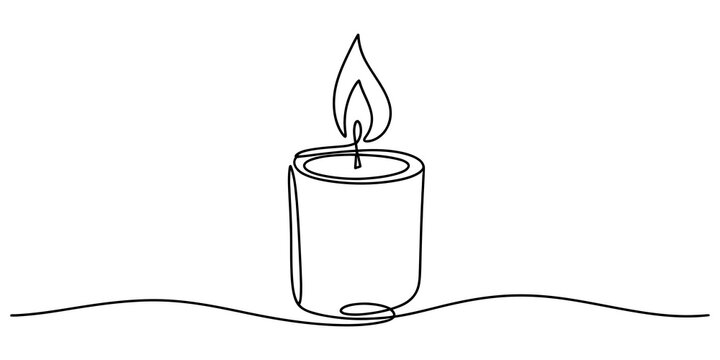 Continuous single line drawing of a burning candle with flame