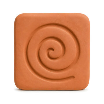 Square terracotta clay tile with an embossed spiral motif isolated on a white background, suitable for ceramic design and rustic decor themes.