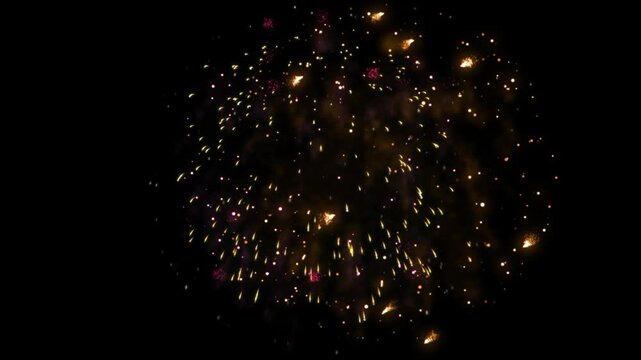 Fireworks explosion illuminates the darkness with golden sparks scattering in a spherical pattern during a celebration event.