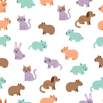 Seamless Pattern of Cute Pets and Capybara