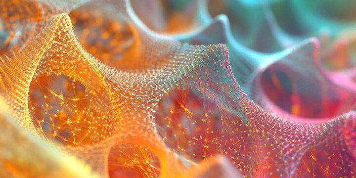 Abstract organic 3D texture with glowing particles, vibrant orange and blue microscopic landscape, futuristic biological cell structure background
