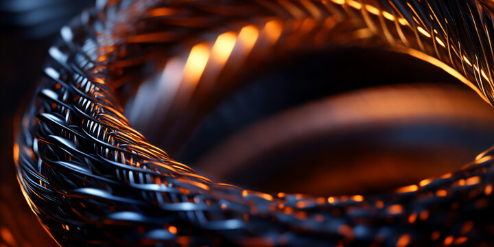 Industrial copper wire coil, electric motor stator winding close up. Abstract metallic copper texture with cinematic lighting for engineering and energy concepts.