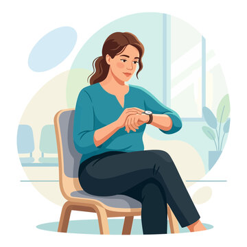 Woman checking watch while waiting in a simple, modern waiting room illustration.